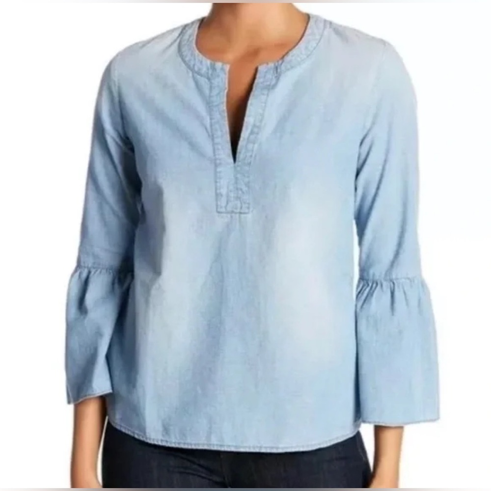 J.Crew Women’s Cotton Chambray Split Neck Long Bell Sleeve Blouse Size M Medium